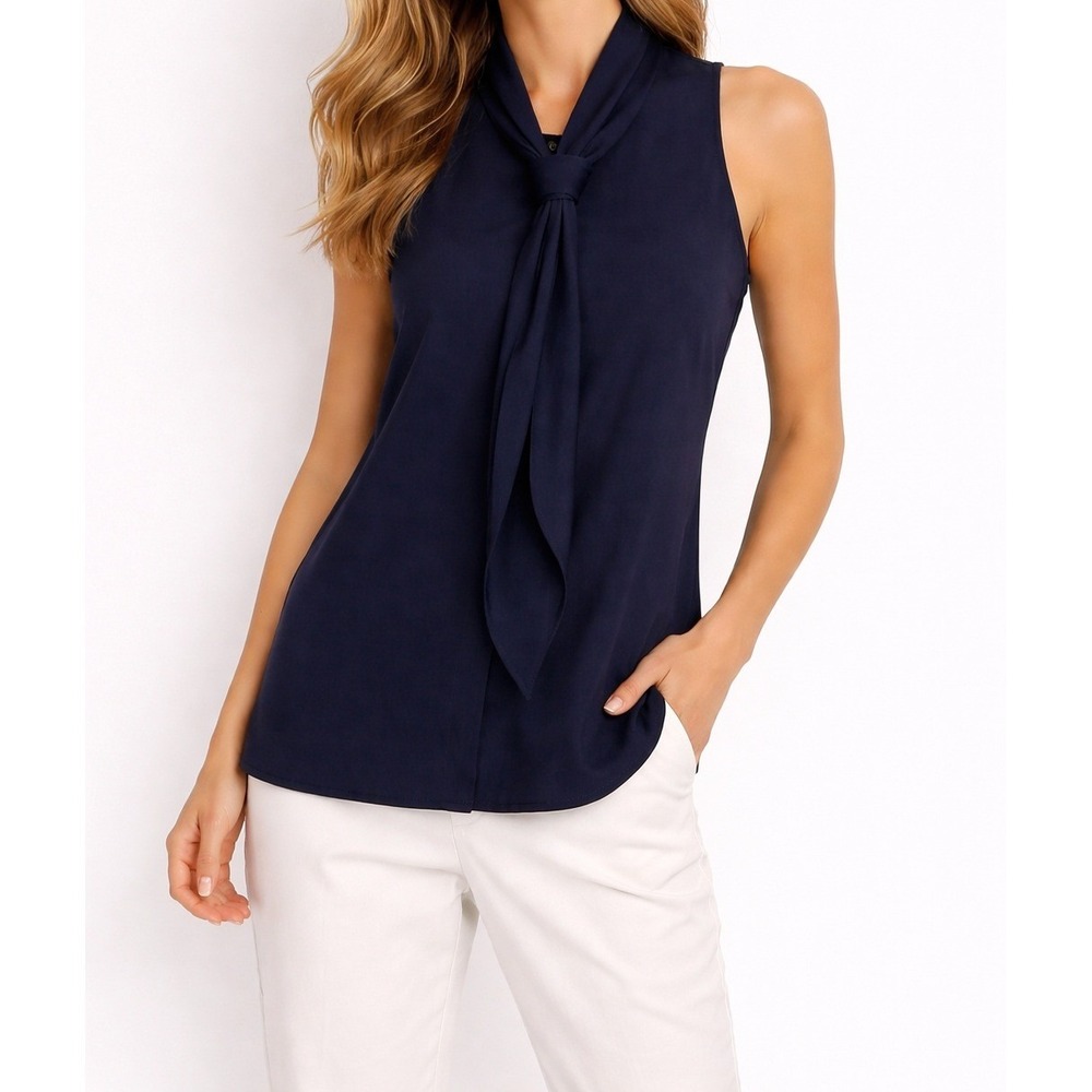 Tory Burch Navy Tie Neck Sleeveless Blouse Career Silk Feel Top Size 10